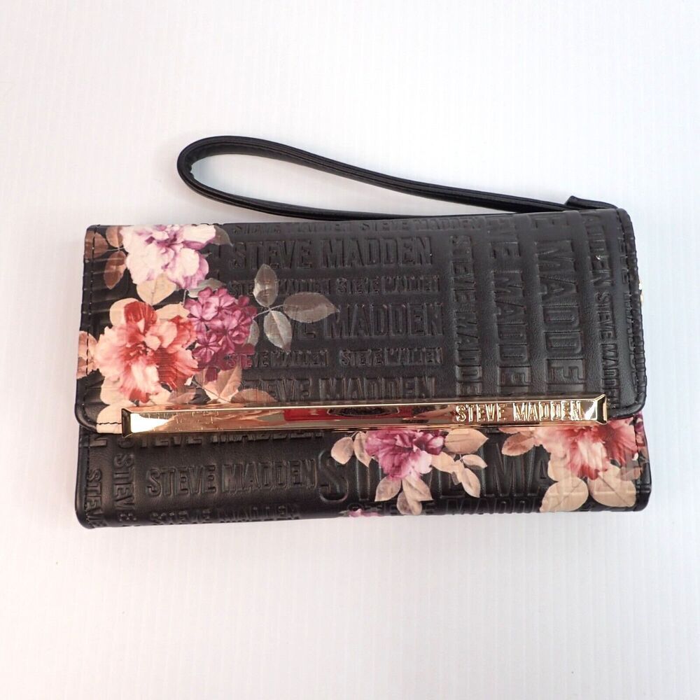 Steve Madden Logobar Trifold Wristlet Wallet Embossed Black / Floral